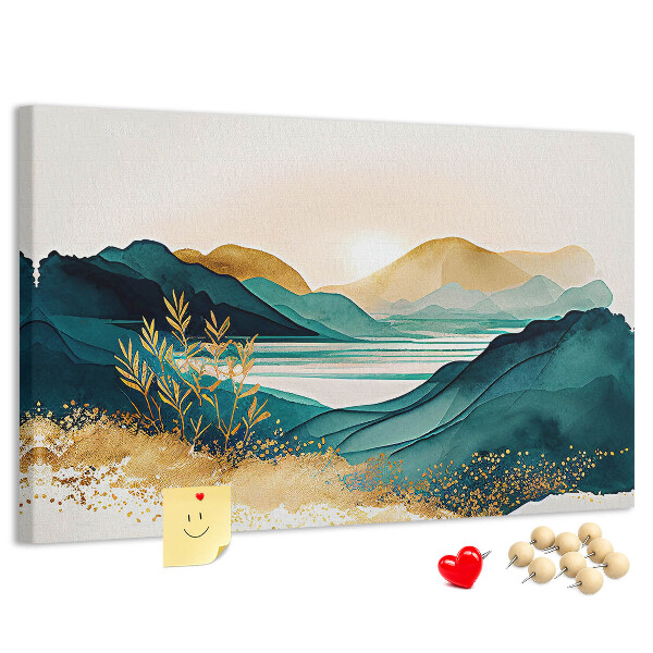 Tableau affichage liège Des collines dorées surplombant un lac paisible