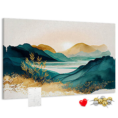 Tableau affichage liège Des collines dorées surplombant un lac paisible