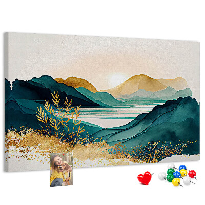 Tableau affichage liège Des collines dorées surplombant un lac paisible