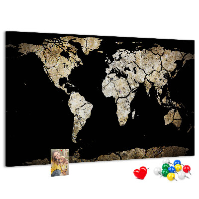 Tableau de liège Une carte du monde abîmée sur fond noir