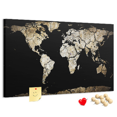 Tableau de liège Une carte du monde abîmée sur fond noir