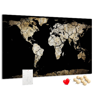 Tableau de liège Une carte du monde abîmée sur fond noir