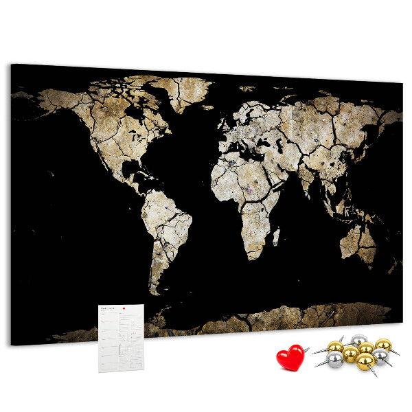 Tableau de liège Une carte du monde abîmée sur fond noir