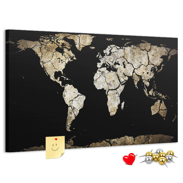 Tableau de liège Une carte du monde abîmée sur fond noir