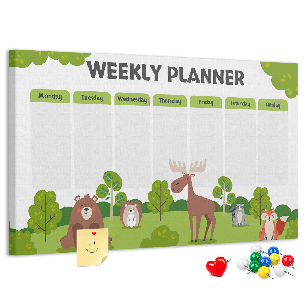 Tableau de liège Un programme hebdomadaire en forêt avec des animaux mignons