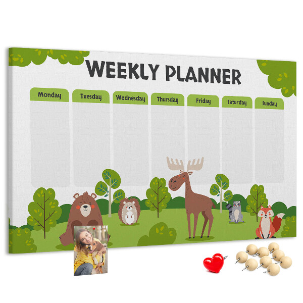 Tableau de liège Un programme hebdomadaire en forêt avec des animaux mignons