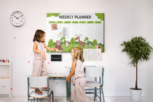 Tableau de liège Un programme hebdomadaire en forêt avec des animaux mignons