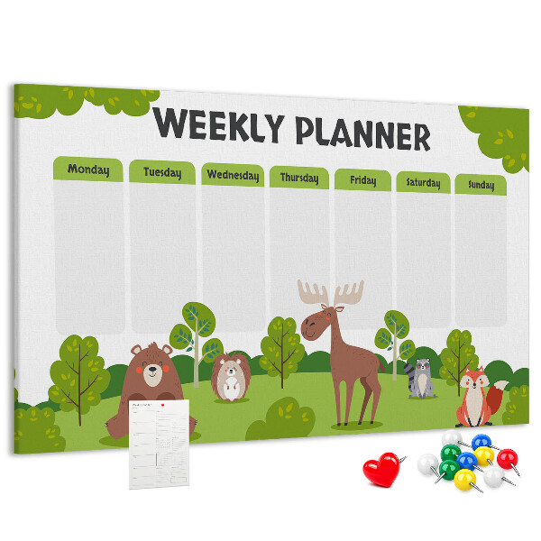 Tableau de liège Un programme hebdomadaire en forêt avec des animaux mignons