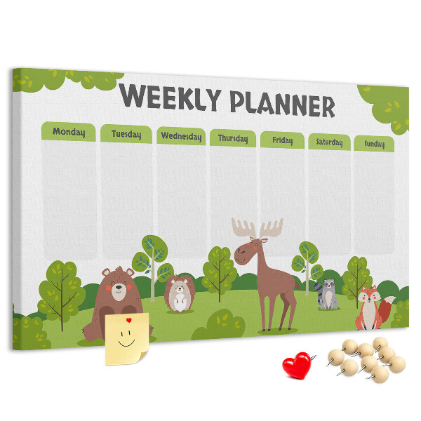 Tableau de liège Un programme hebdomadaire en forêt avec des animaux mignons