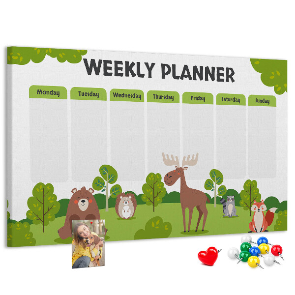 Tableau de liège Un programme hebdomadaire en forêt avec des animaux mignons