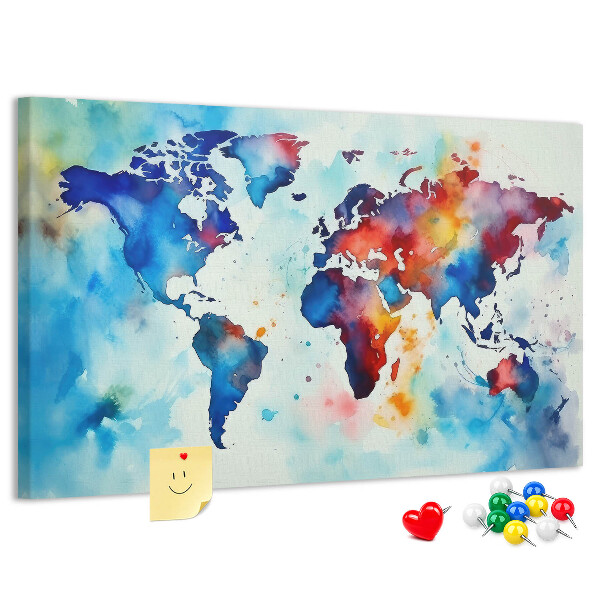 Tableau de liège carte du monde colorée à l'aquarelle
