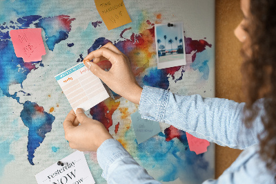 Tableau de liège carte du monde colorée à l'aquarelle