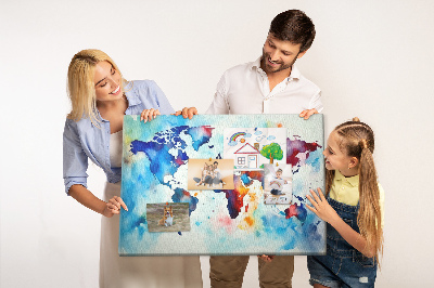 Tableau de liège carte du monde colorée à l'aquarelle