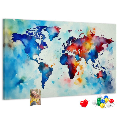 Tableau de liège carte du monde colorée à l'aquarelle