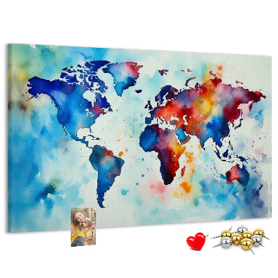 Tableau de liège carte du monde colorée à l'aquarelle