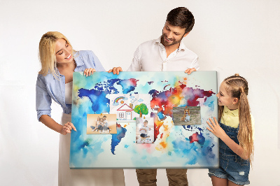 Tableau de liège carte du monde colorée à l'aquarelle