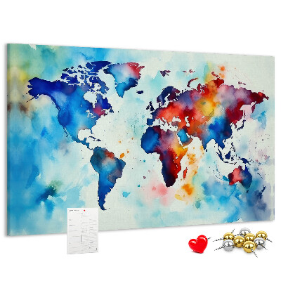 Tableau de liège carte du monde colorée à l'aquarelle