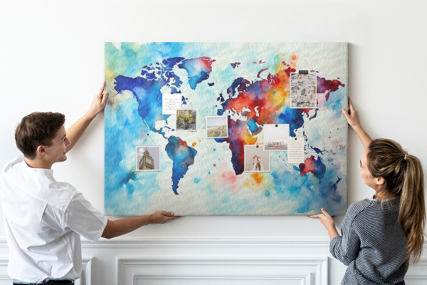 Tableau de liège carte du monde colorée à l'aquarelle