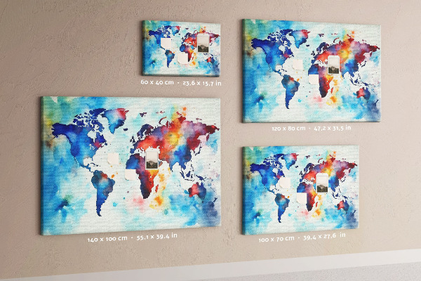 Tableau de liège carte du monde colorée à l'aquarelle