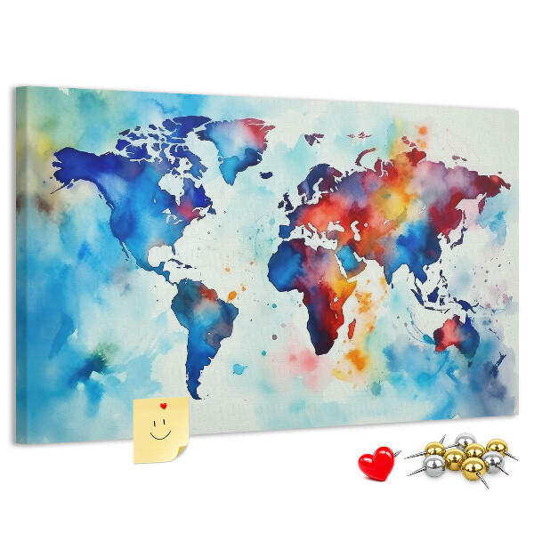 Tableau de liège carte du monde colorée à l'aquarelle