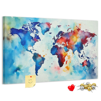 Tableau de liège carte du monde colorée à l'aquarelle