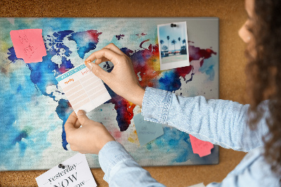 Tableau de liège carte du monde colorée à l'aquarelle