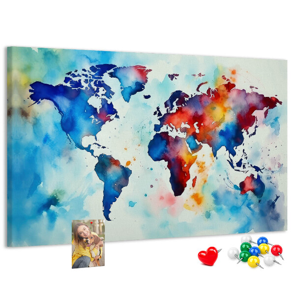 Tableau de liège carte du monde colorée à l'aquarelle