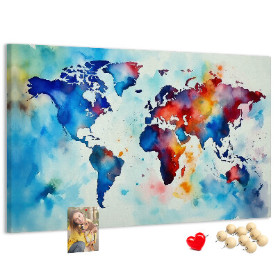 Tableau de liège carte du monde colorée à l'aquarelle