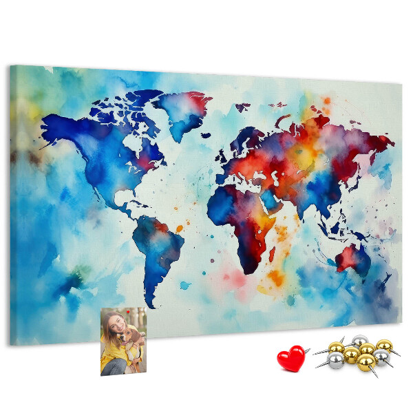 Tableau de liège carte du monde colorée à l'aquarelle