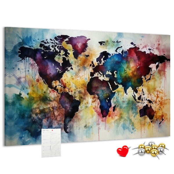 Tableau affichage liège Carte du monde colorée dans le style aquarelle
