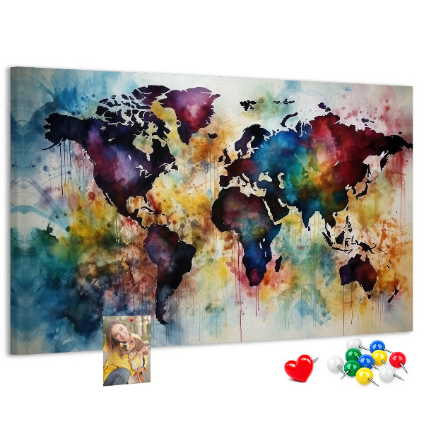 Tableau affichage liège Carte du monde colorée dans le style aquarelle