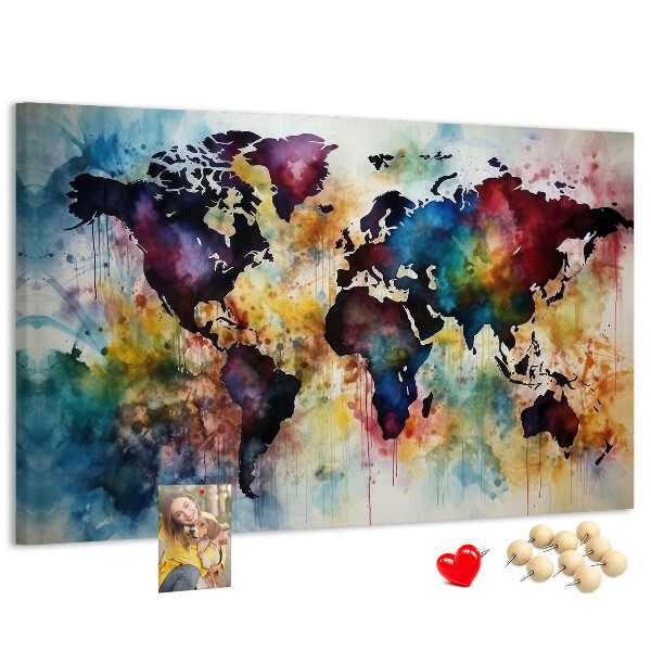Tableau affichage liège Carte du monde colorée dans le style aquarelle