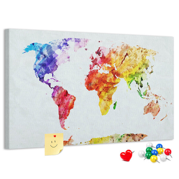 Tableau de liège carte du monde colorée à l'aquarelle
