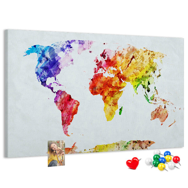 Tableau de liège carte du monde colorée à l'aquarelle