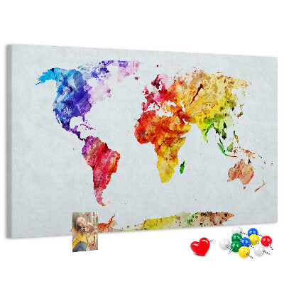 Tableau de liège carte du monde colorée à l'aquarelle