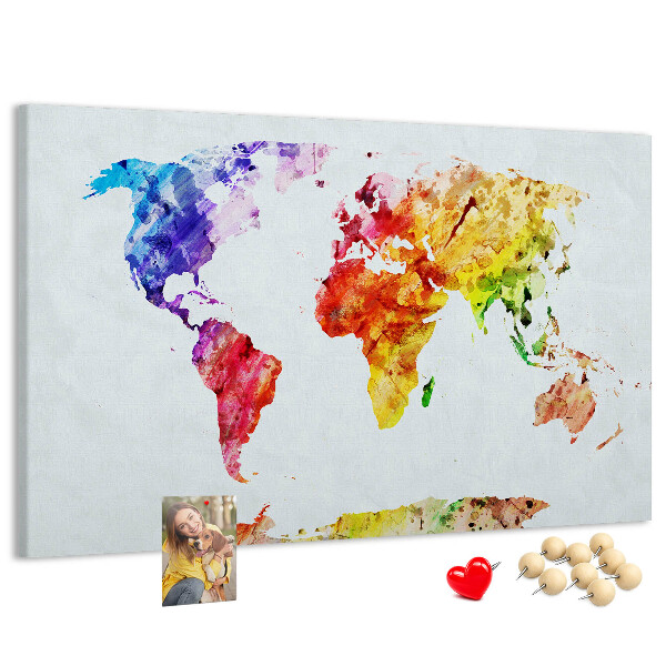 Tableau de liège carte du monde colorée à l'aquarelle