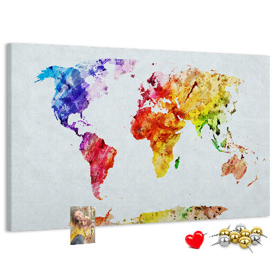 Tableau de liège carte du monde colorée à l'aquarelle