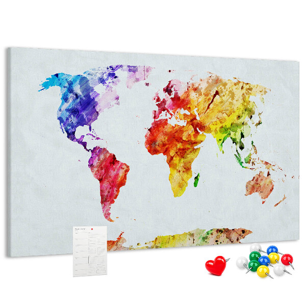 Tableau de liège carte du monde colorée à l'aquarelle