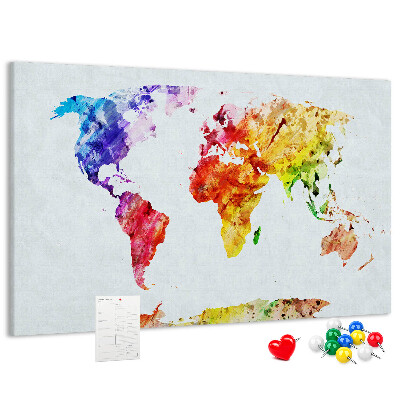 Tableau de liège carte du monde colorée à l'aquarelle