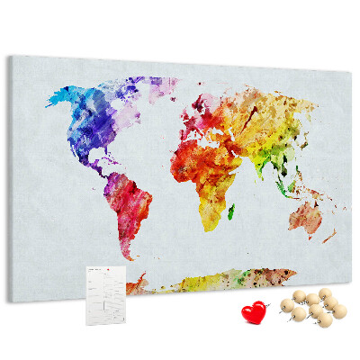Tableau de liège carte du monde colorée à l'aquarelle