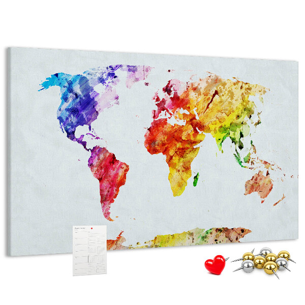 Tableau de liège carte du monde colorée à l'aquarelle