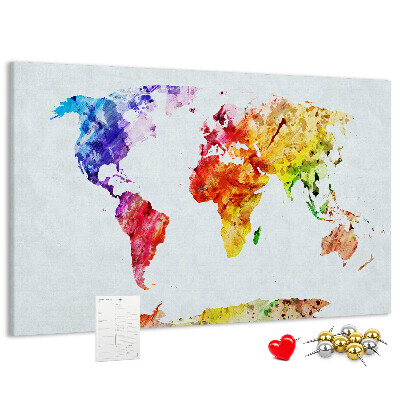Tableau de liège carte du monde colorée à l'aquarelle