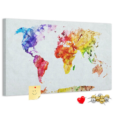 Tableau de liège carte du monde colorée à l'aquarelle