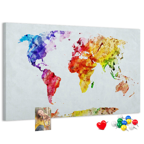Tableau de liège carte du monde colorée à l'aquarelle