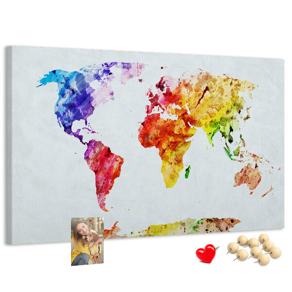 Tableau de liège carte du monde colorée à l'aquarelle