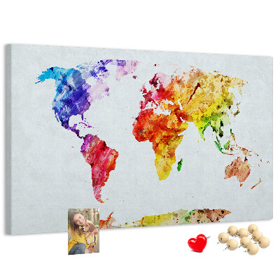 Tableau de liège carte du monde colorée à l'aquarelle