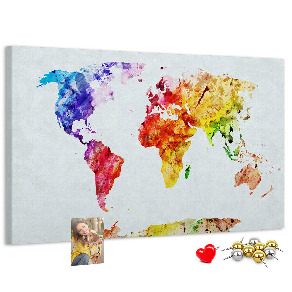 Tableau de liège carte du monde colorée à l'aquarelle