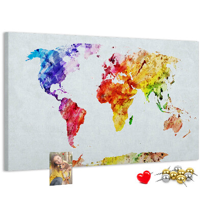 Tableau de liège carte du monde colorée à l'aquarelle