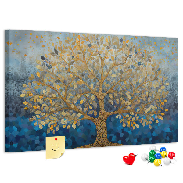 Tableau de liège Feuille d'or sur fond d'arbre bleu