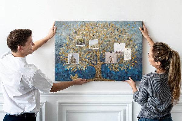 Tableau de liège Feuille d'or sur fond d'arbre bleu
